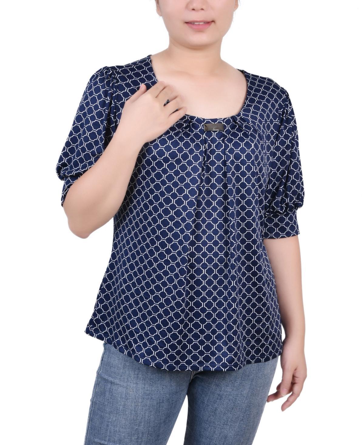 NY Collection Petite Short Sleeve Balloon Sleeve Top -NAVY SQUAR Product Image