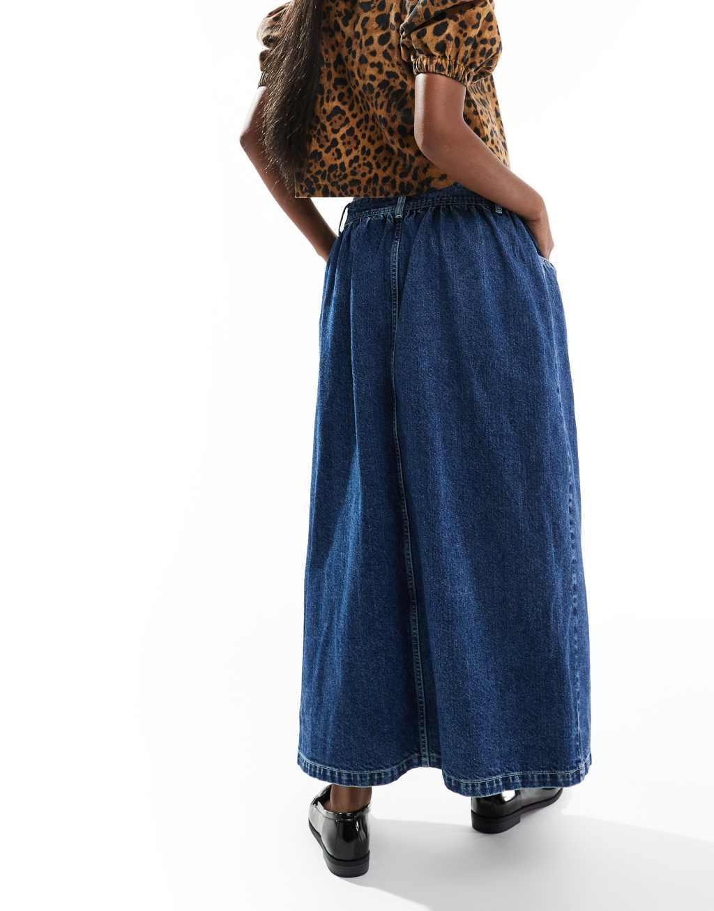 ASOS DESIGN denim dropwaist midi skirt in mid blue Product Image