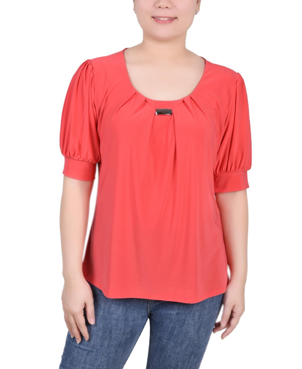 NY Collection Petite Puff Sleeve Pleated Front Blouse -BLUE Product Image