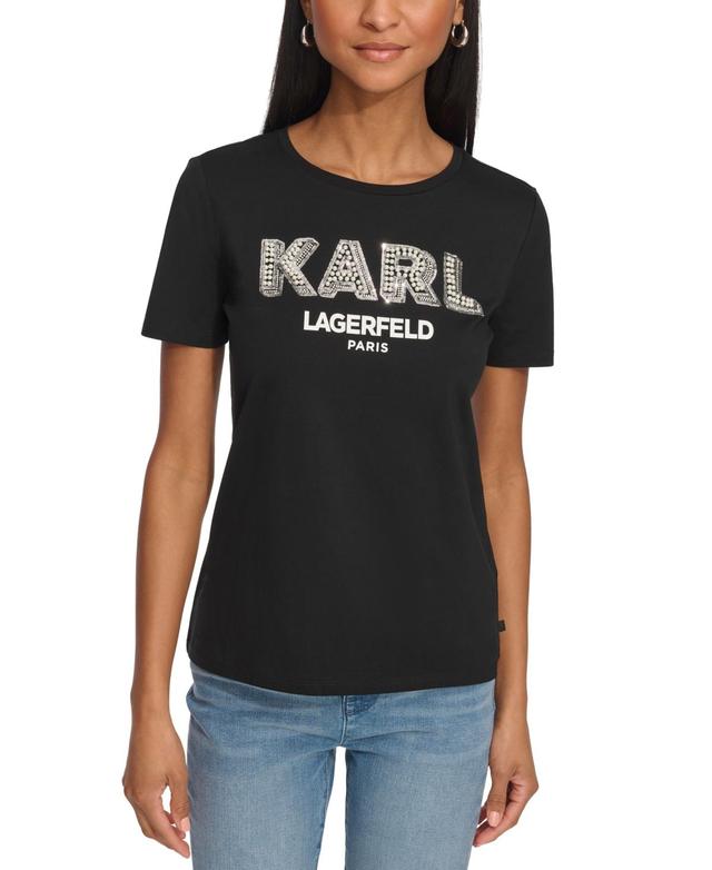 Karl Lagerfeld Paris Womens Imitation-Pearl Karl T-Shirt Product Image