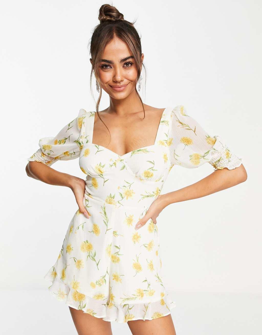 Miss Selfridge chiffon bust detail romper in sunflower Product Image