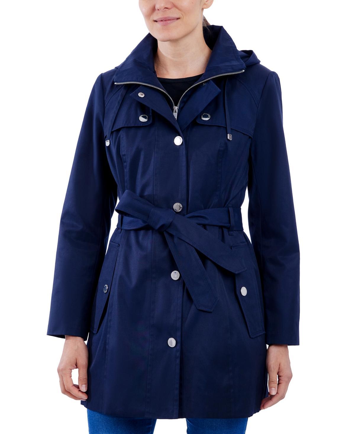 London Fog Womens Hooded Belted Zip-Front Raincoat Product Image