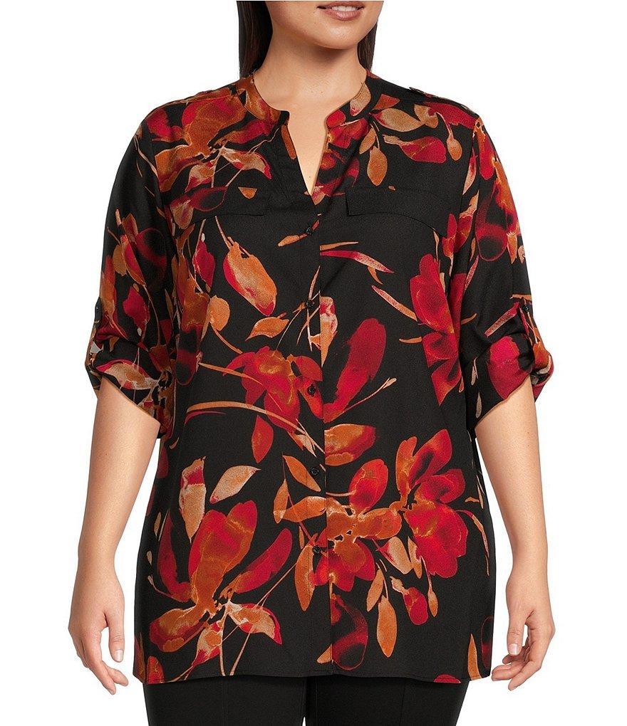 Calvin Klein Plus Size Floral Print Crepe de Chine Y-Neck Long Roll-Tab Sleeve Button Front Top Product Image