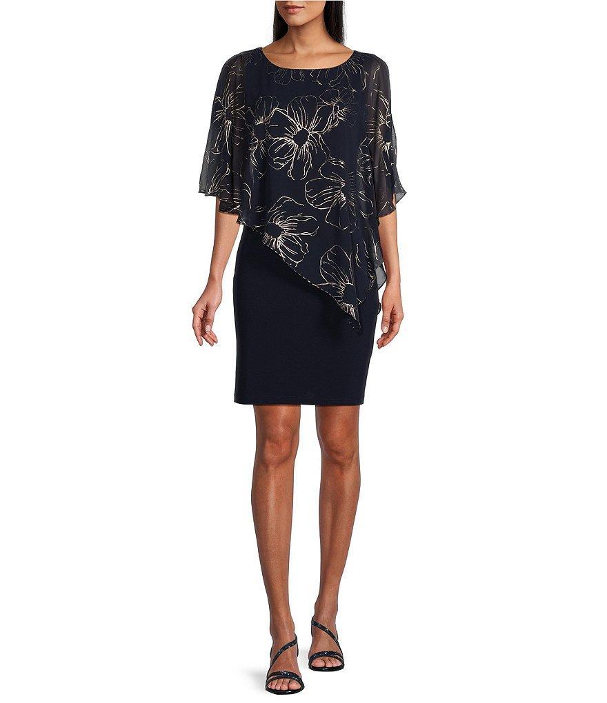 Ignite Evenings Asymmetric Chiffon Floral Print Overlay 3/4 Split Sleeve Sheath Dress Product Image