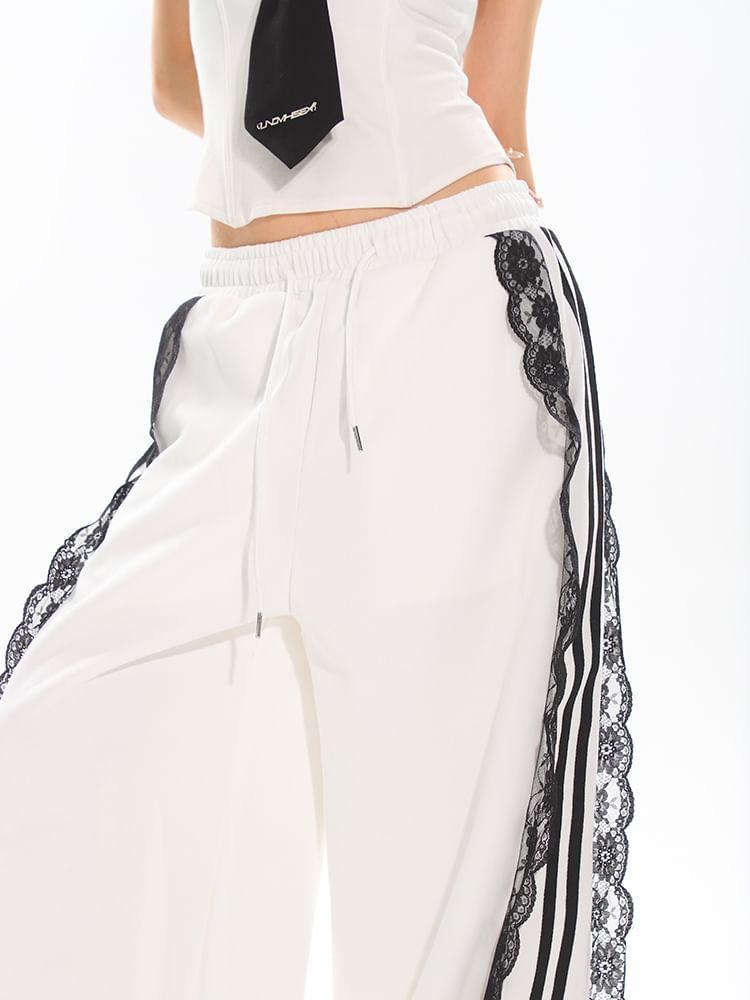 Drawstring Waist Striped Panel Lace Wide Leg Sweatpants Product Image