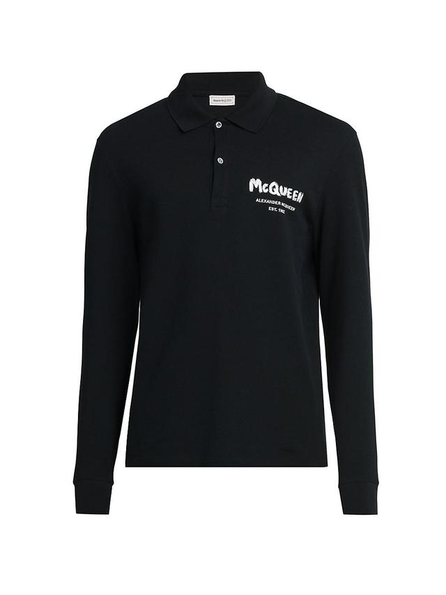 Mens Embroidered Graffiti Long-Sleeved Polo Shirt Product Image