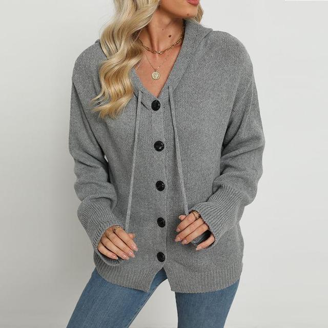 V-Neck Drawstring Hooded Cardigan Product Image