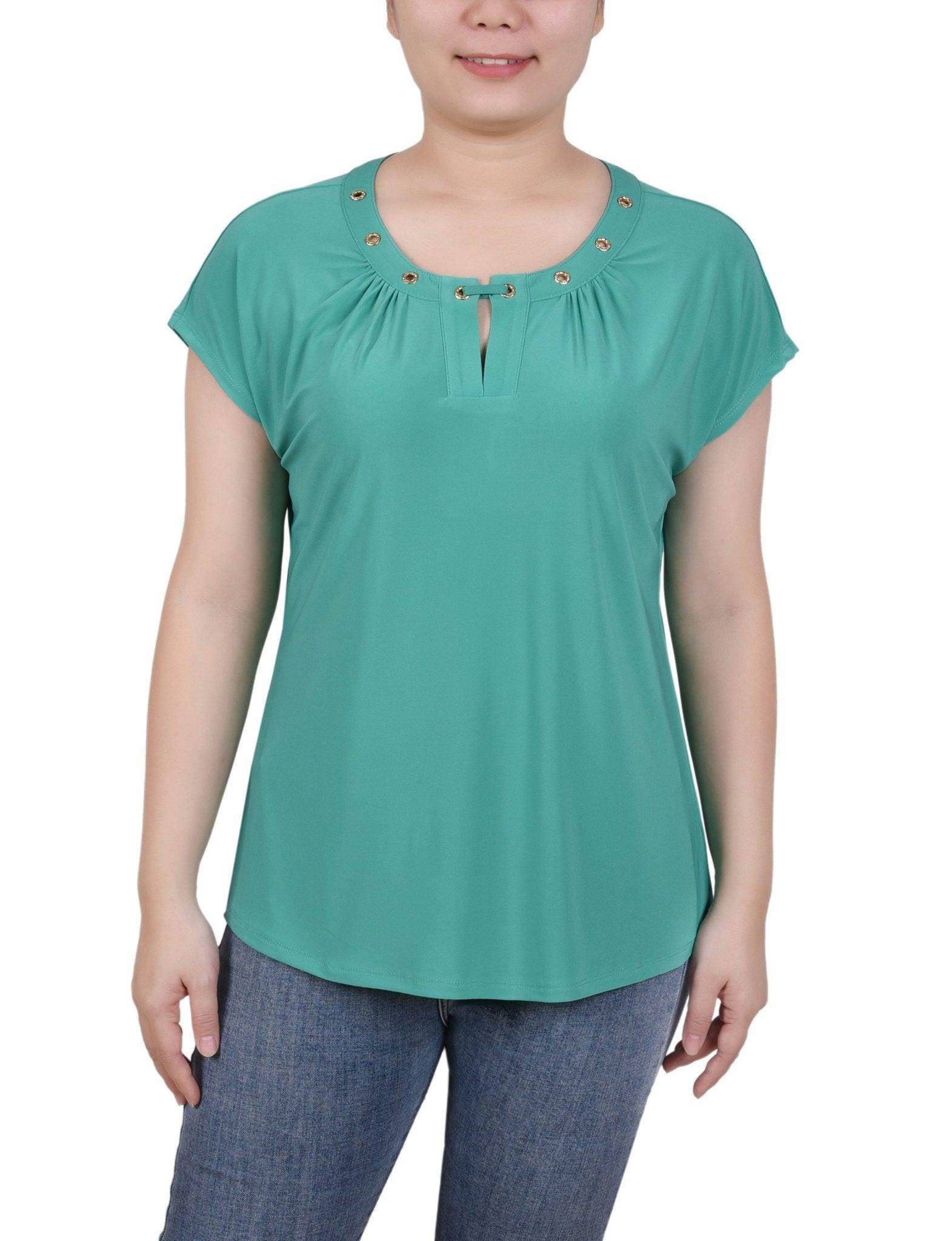 Short Extended-Sleeve Grommet Neck Knit Top - Petite Product Image