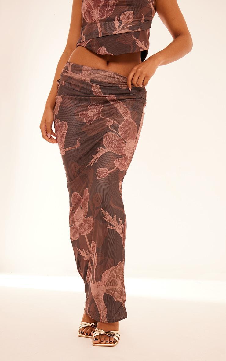 Brown Floral Printed Ruched Maxi Skirt Product Image