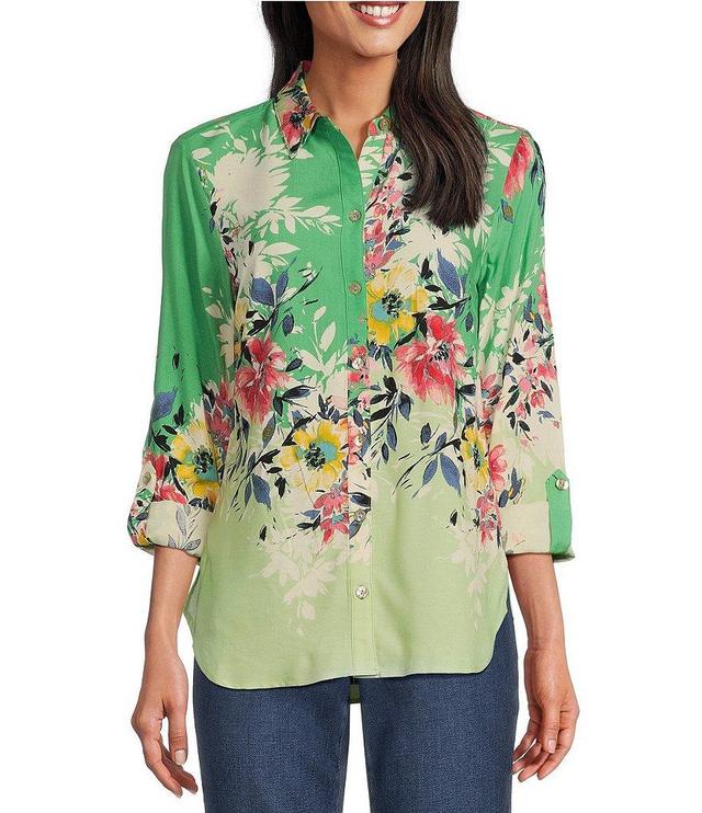 Figueroa & Flower Woven Cherry Floral Point Collar Long Roll-Tab Sleeve Button-Front Blouse Product Image