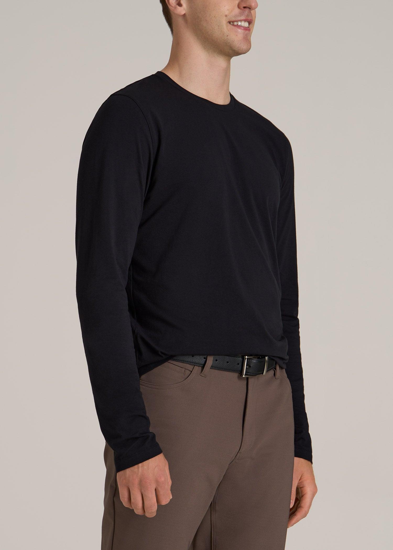 MODERN-FIT Stretch Cotton Long Sleeve Tall Men's Tee in Black Male Product Image