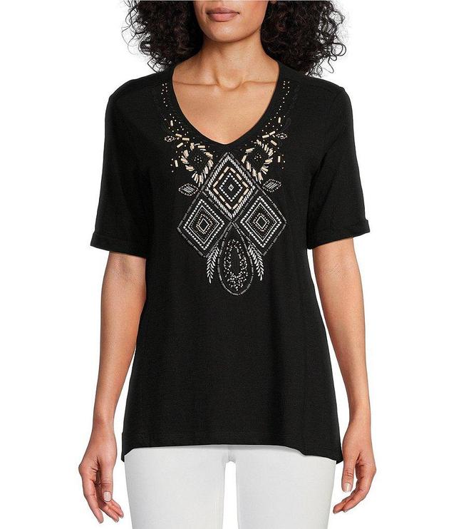 Intro Petite Size Cotton Slub Jersey Knit Beaded Embellished Front Detail V-Neck Short Sleeve Top Product Image