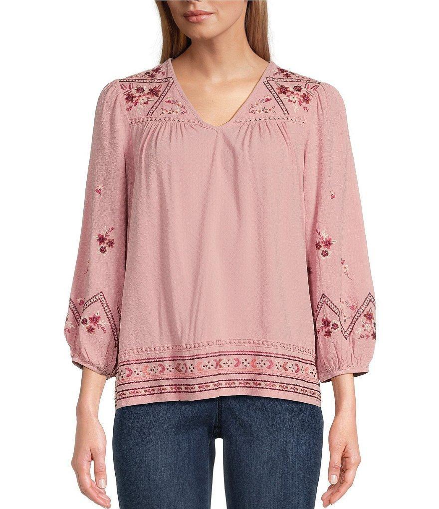 Nurture by Westbound Woven V-Neck 3/4 Sleeve Embroidered Blouse Product Image