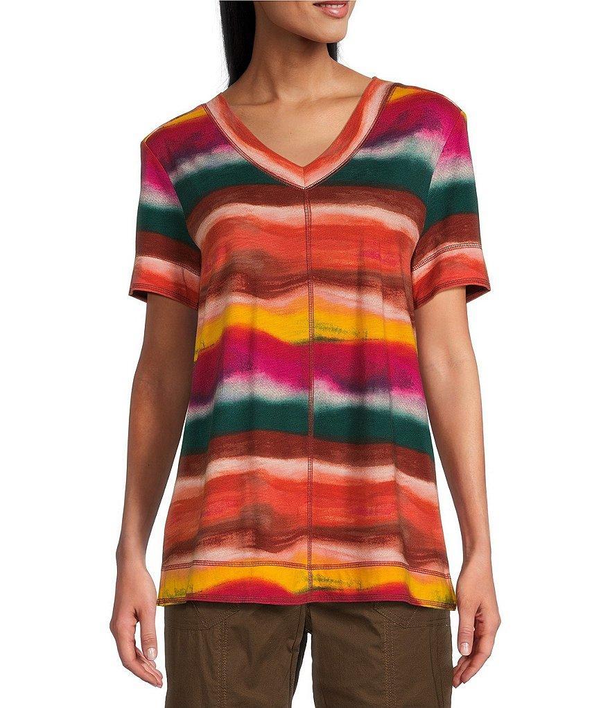 Westbound Petite Size Knit Short Sleeve V-Neck Printed Top Product Image