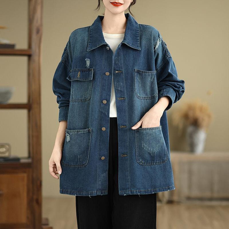 Distressed Washed Denim Single-Breasted Jacket Product Image