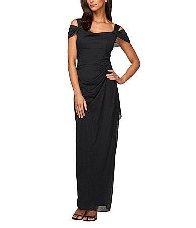 Alex Evenings Exposed Shoulder Draped Neck Cap Sleeve Ruched Waterfall Hem Mesh Gown Product Image