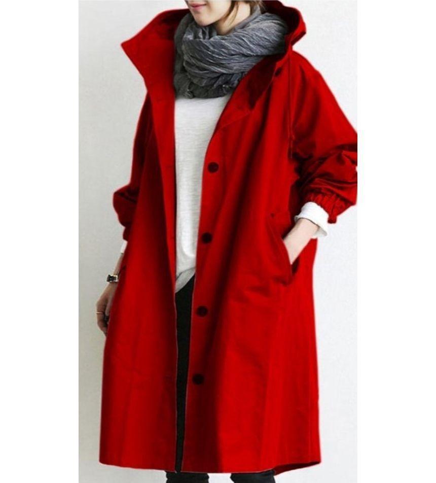 Plain Hooded Long Single-Breasted Trench Jacket Product Image