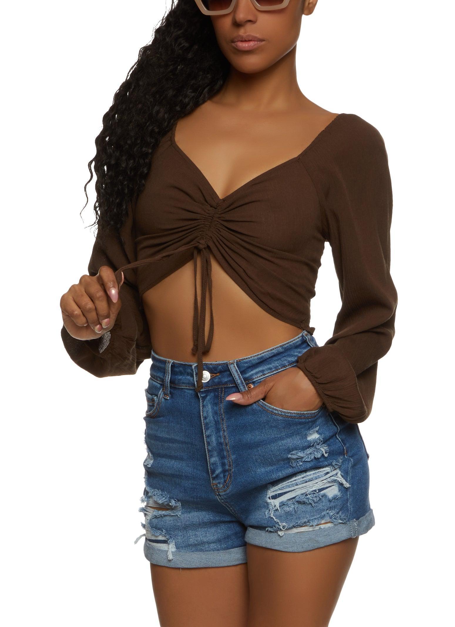 Womens Gauze Knit Ruched Front Crop Top Product Image