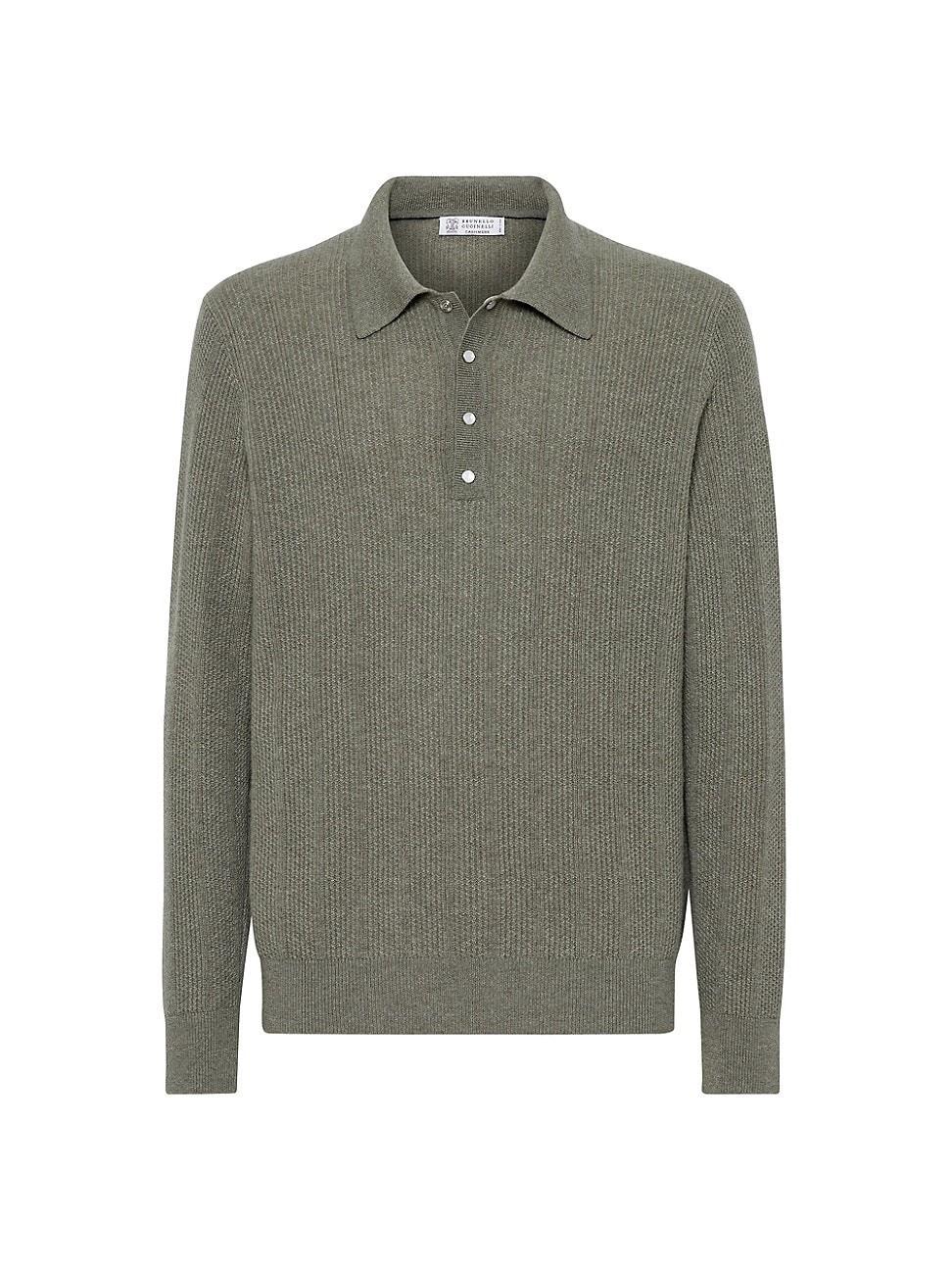 Mens Cashmere Textured Rib Knit Polo with Long Sleeves Product Image