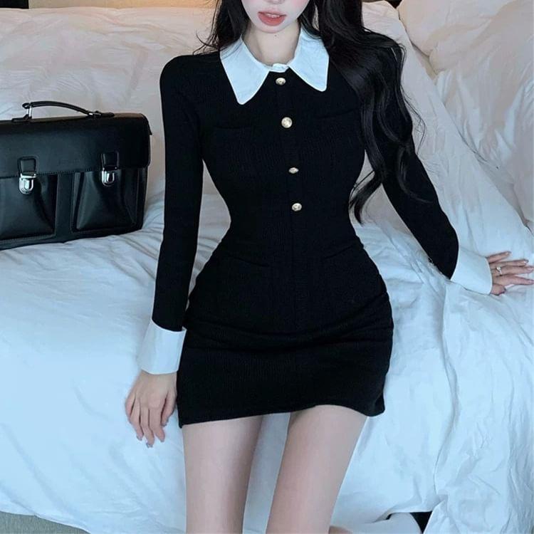 Long-Sleeve Collared Button Accent Contrast Trim Mini Sheath Dress Product Image