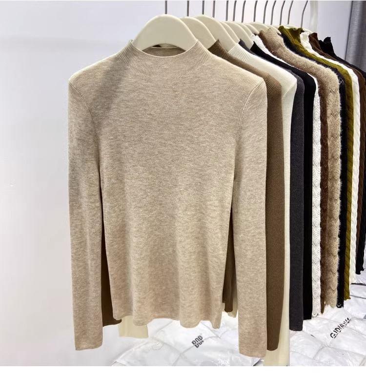 Long-Sleeve Mock Neck Plain Knit Top Product Image