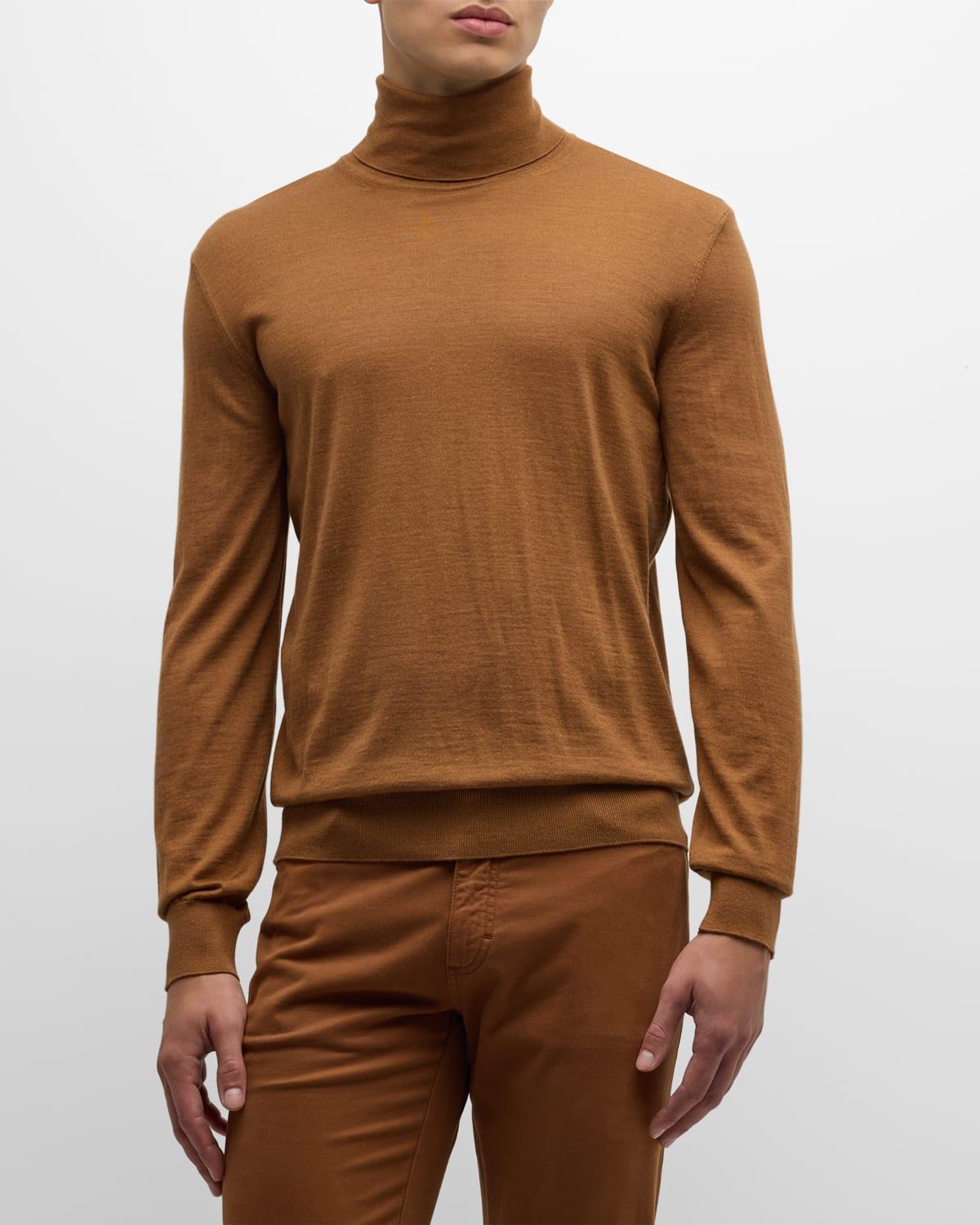 ZEGNA Men's Casheta Light Cashmere-Silk Turtleneck Sweater - Size: 56 EU (40R US) - DK BGE SLD Product Image