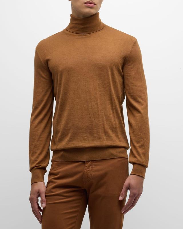 ZEGNA Men's Casheta Light Cashmere-Silk Turtleneck Sweater - Size: 56 EU (40R US) - DK BGE SLD Product Image