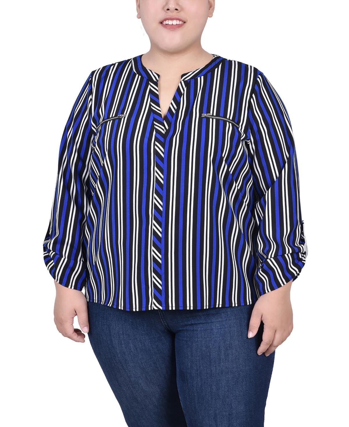 Ny Collection Plus Size Long Roll Tab Sleeve Zip Pocket Blouse Product Image