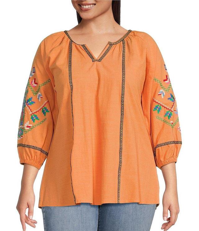 Calessa Plus Size Embroidered Crinkled Floral Print Notch Collar Neck 3/4 Sleeve Tunic Product Image