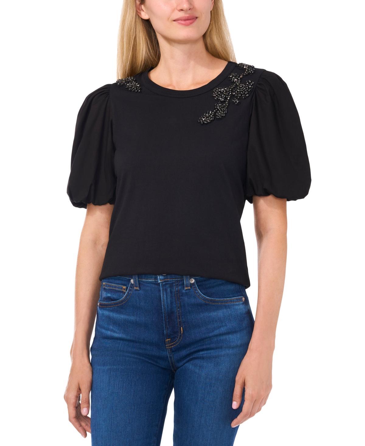 CeCe Womens Puff-Sleeve Bead-Embellished Top Product Image