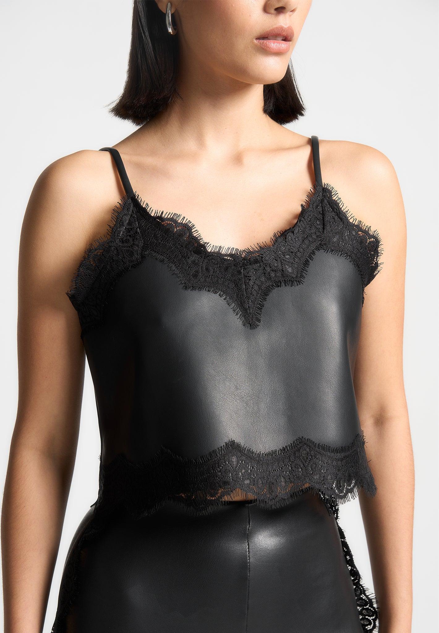 Lace Trim Leather Camisole Top - Black Female Product Image