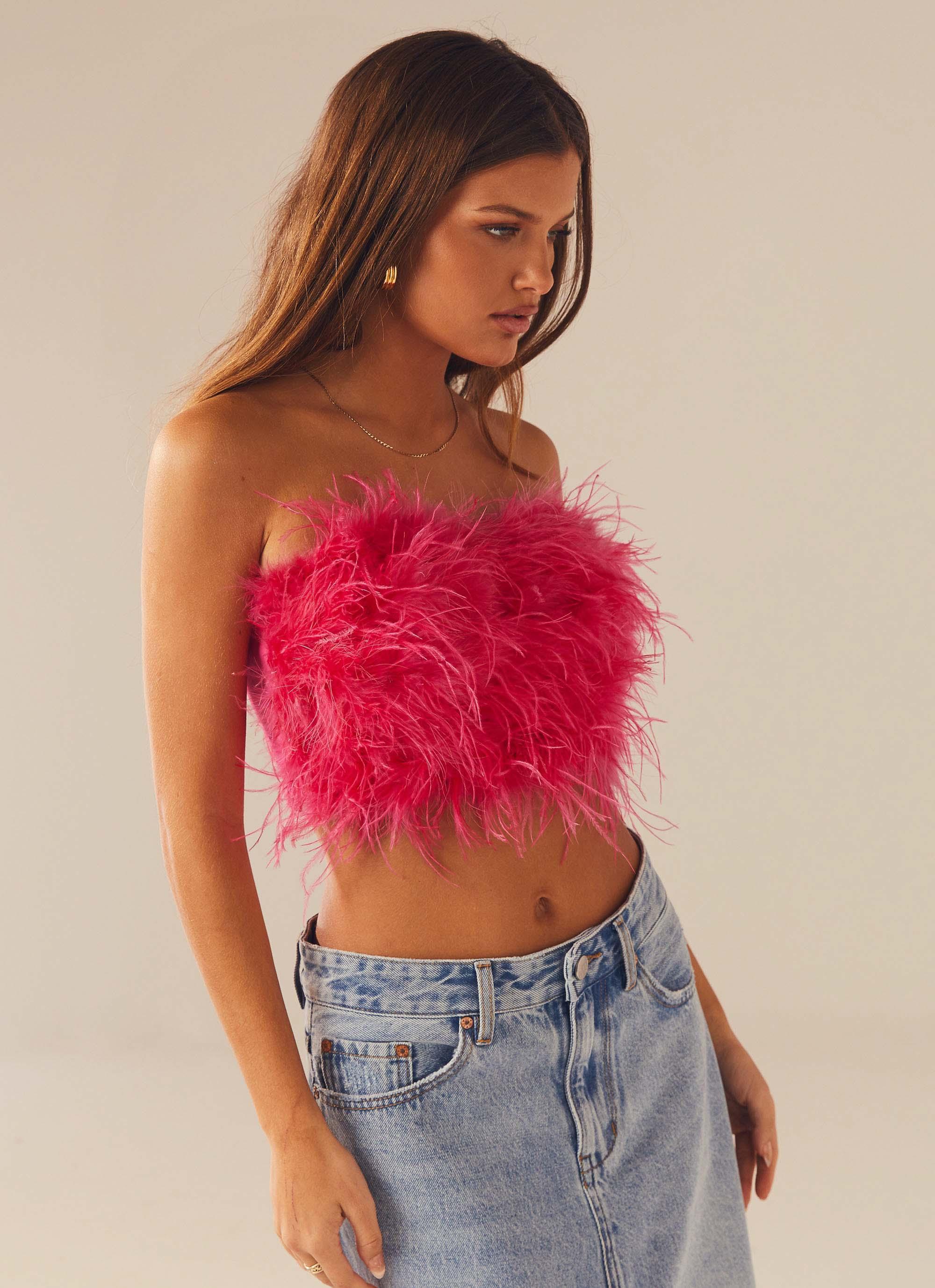 The Night Is Ours Feather Crop Top - Pink Cosmo Product Image