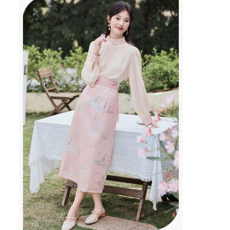 Set: Long-Sleeve Stand Collar Jacquard Blouse + High Waist Print Midi A-Line Skirt Product Image