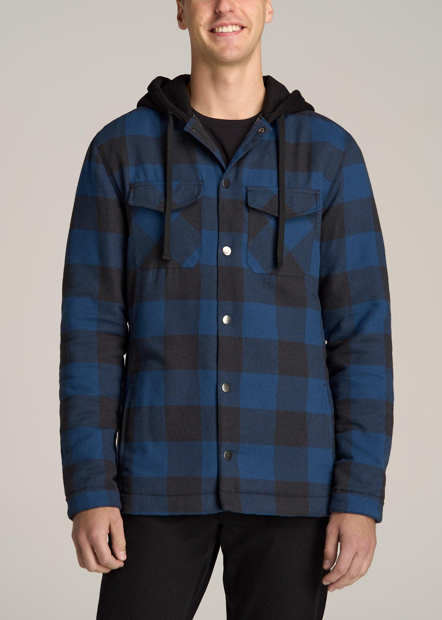 Hooded Flannel Shirt Jacket for Tall Men in Black and Blue Check Product Image