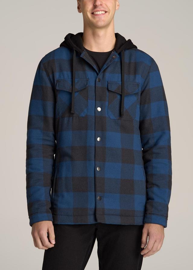 Hooded Flannel Shirt Jacket for Tall Men in Black and Blue Check Male Product Image