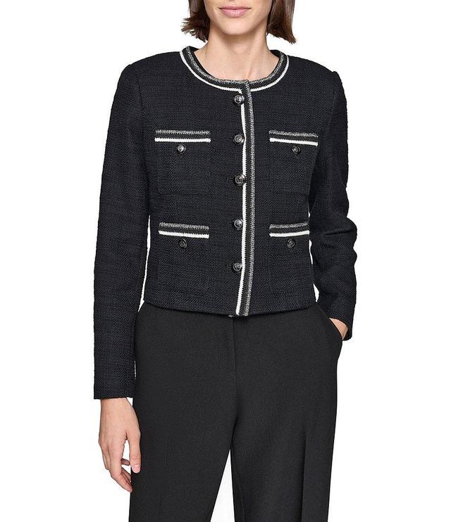 KARL LAGERFELD PARIS Boucle Tweed Scoop Neck Long Sleeve Button Front Jacket Product Image