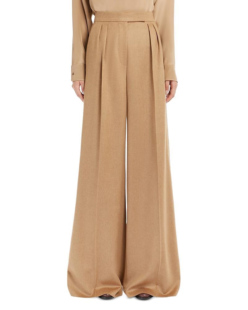 Beige Cotton Wide Trousers With Pleats In Brown Product Image