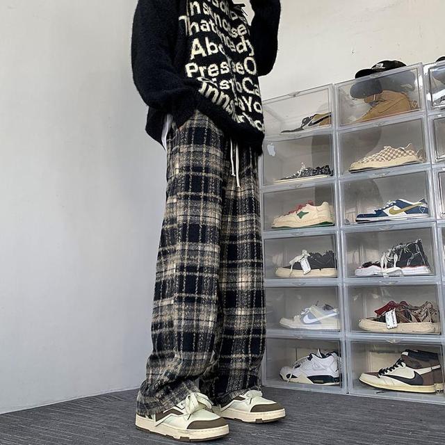 High Rise Plaid Straight Leg Pants Product Image