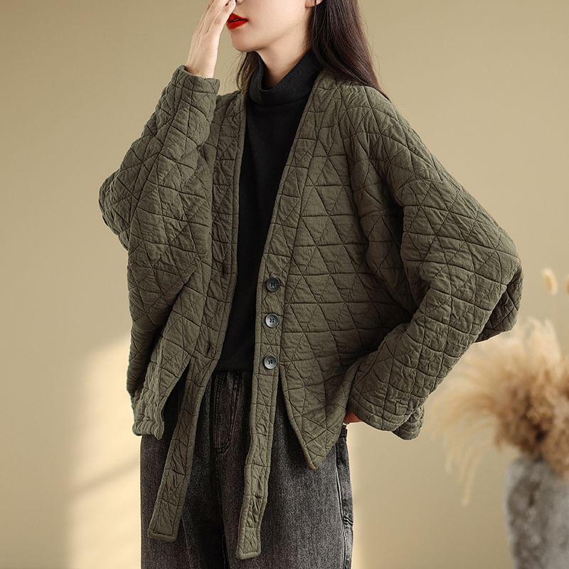 V-Neck Plain Quilted Kimono Jacket Product Image