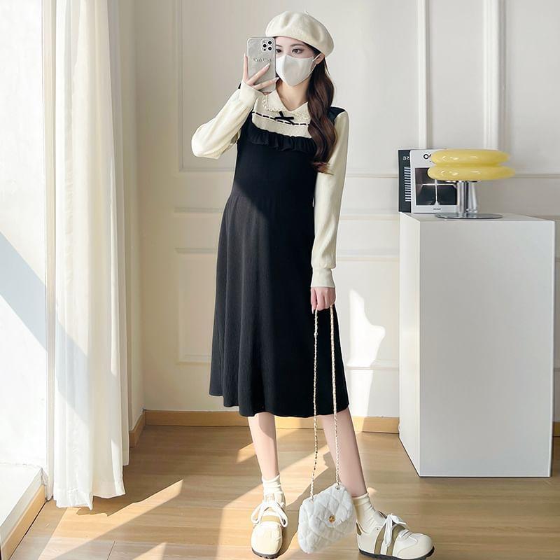 Maternity Long Sleeve Collared Two Tone A-Line Midi Dress Product Image