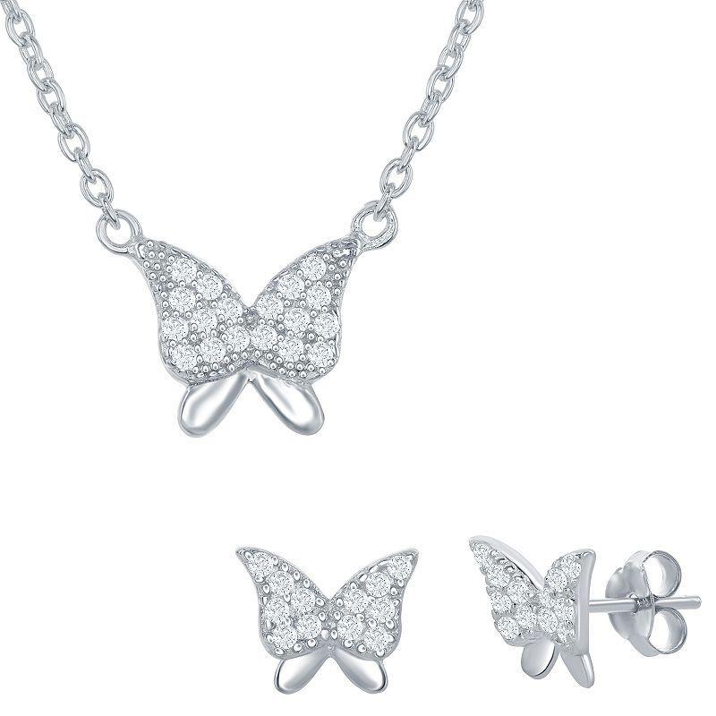 Sterling Silver Cubic Zirconia Butterfly Necklace & Earrings Set, Womens Product Image