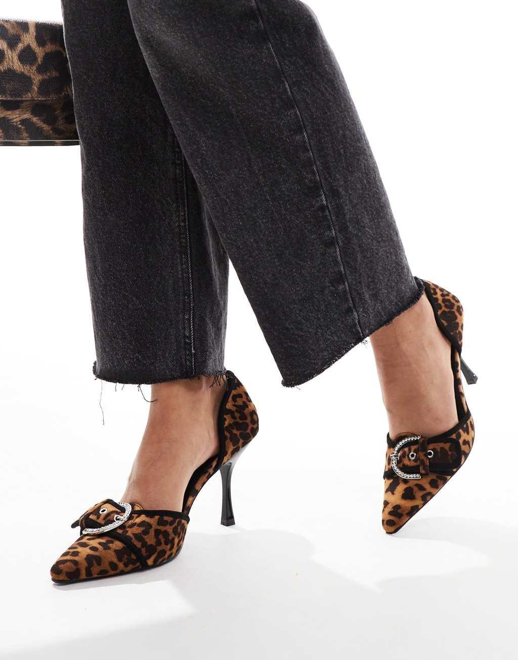 Public Desire Elton two part pointed heels with embellsihed buckle detail in leopard Product Image