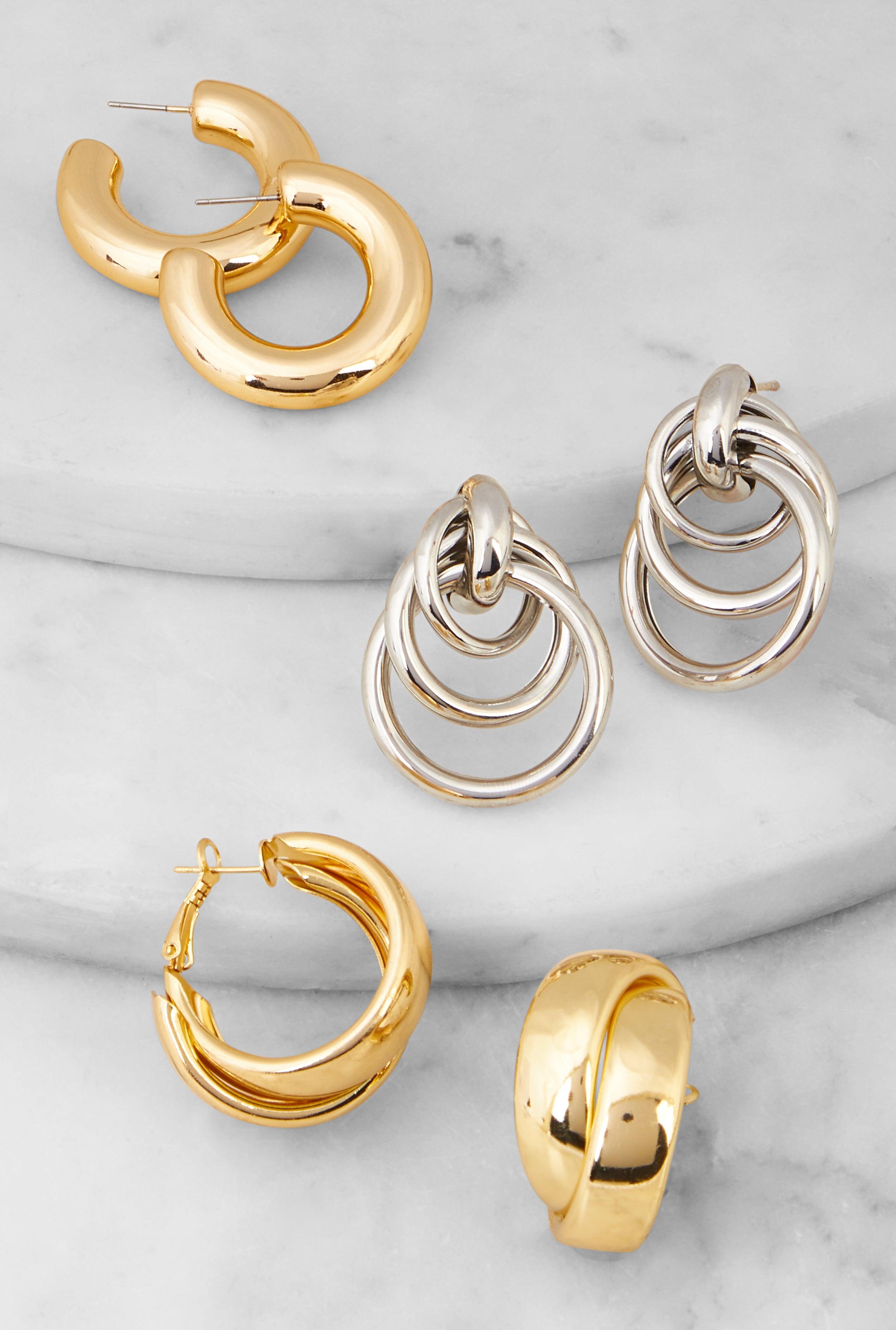 Metallic Assorted Hoop Earrings Set of 3 Female Product Image