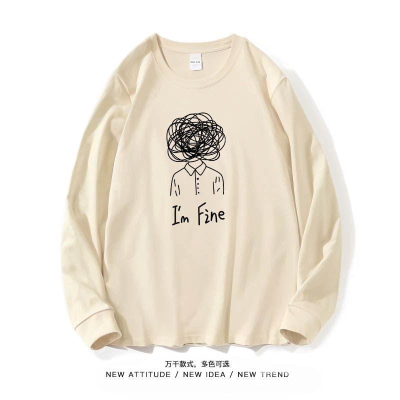 Long-Sleeve Round Neck Chinese Character Print Tee Product Image