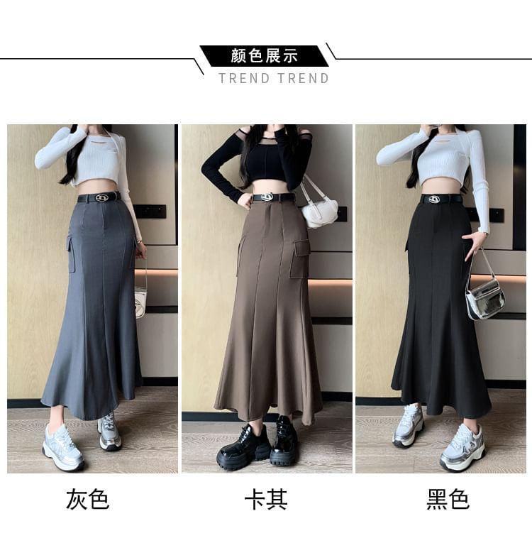 High Waist Plain Midi Mermaid Cargo Skirt Product Image