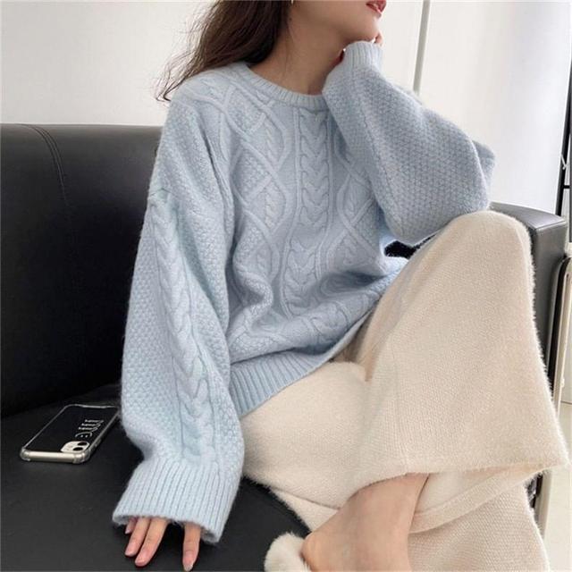 Crew Neck Plain Cable Knit Sweater Product Image