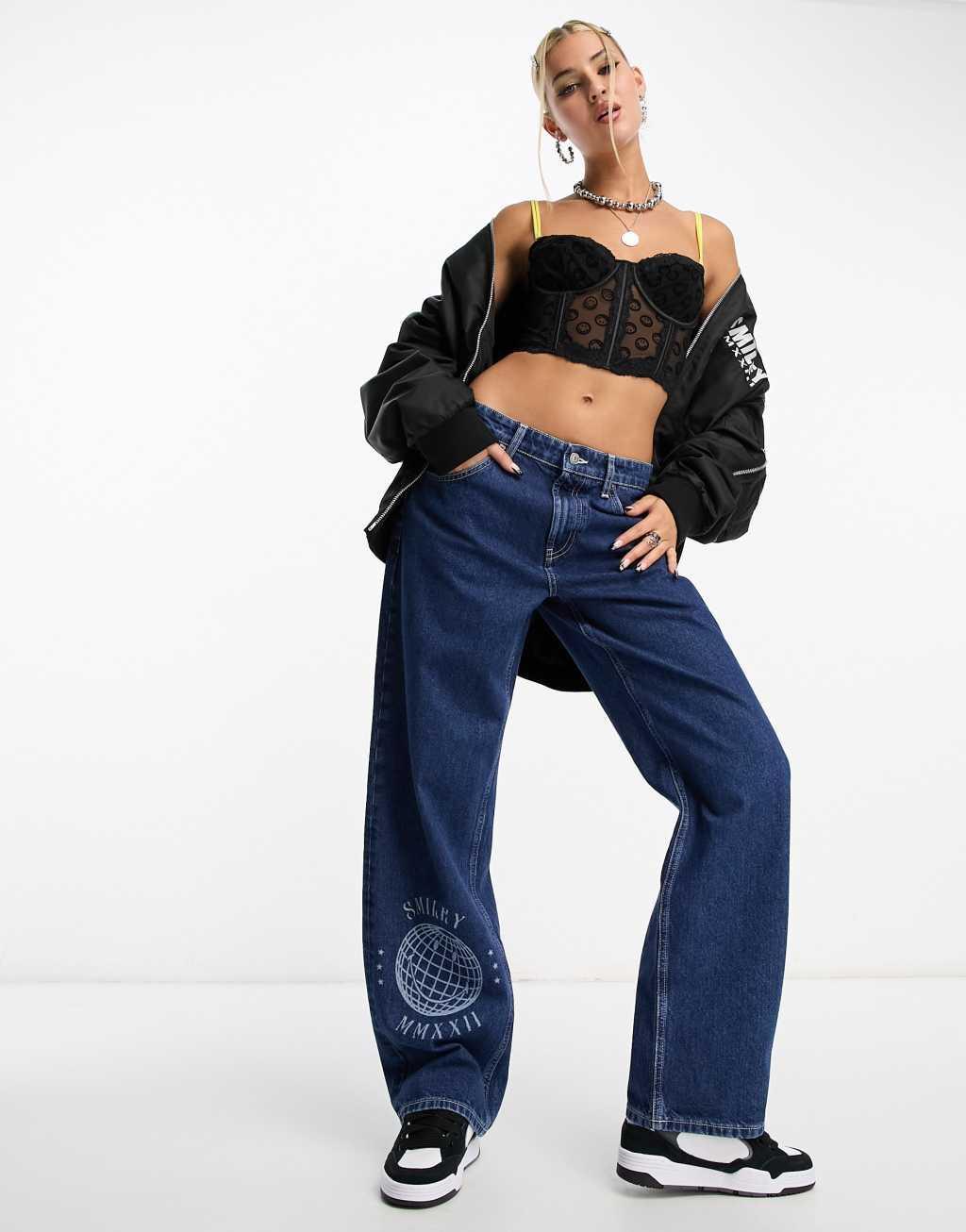 ASOS DESIGN Smiley mid rise baggy boyfriend jeans in dark blue product image