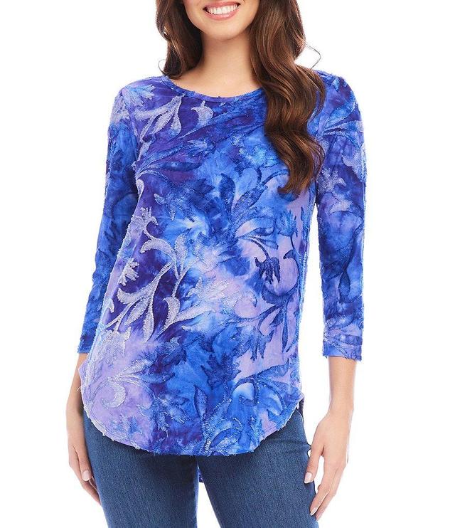 Karen Kane Textured Burnout Tie Dye Print Crew Neck 3/4 Sleeve Shirttail Hem Top Product Image