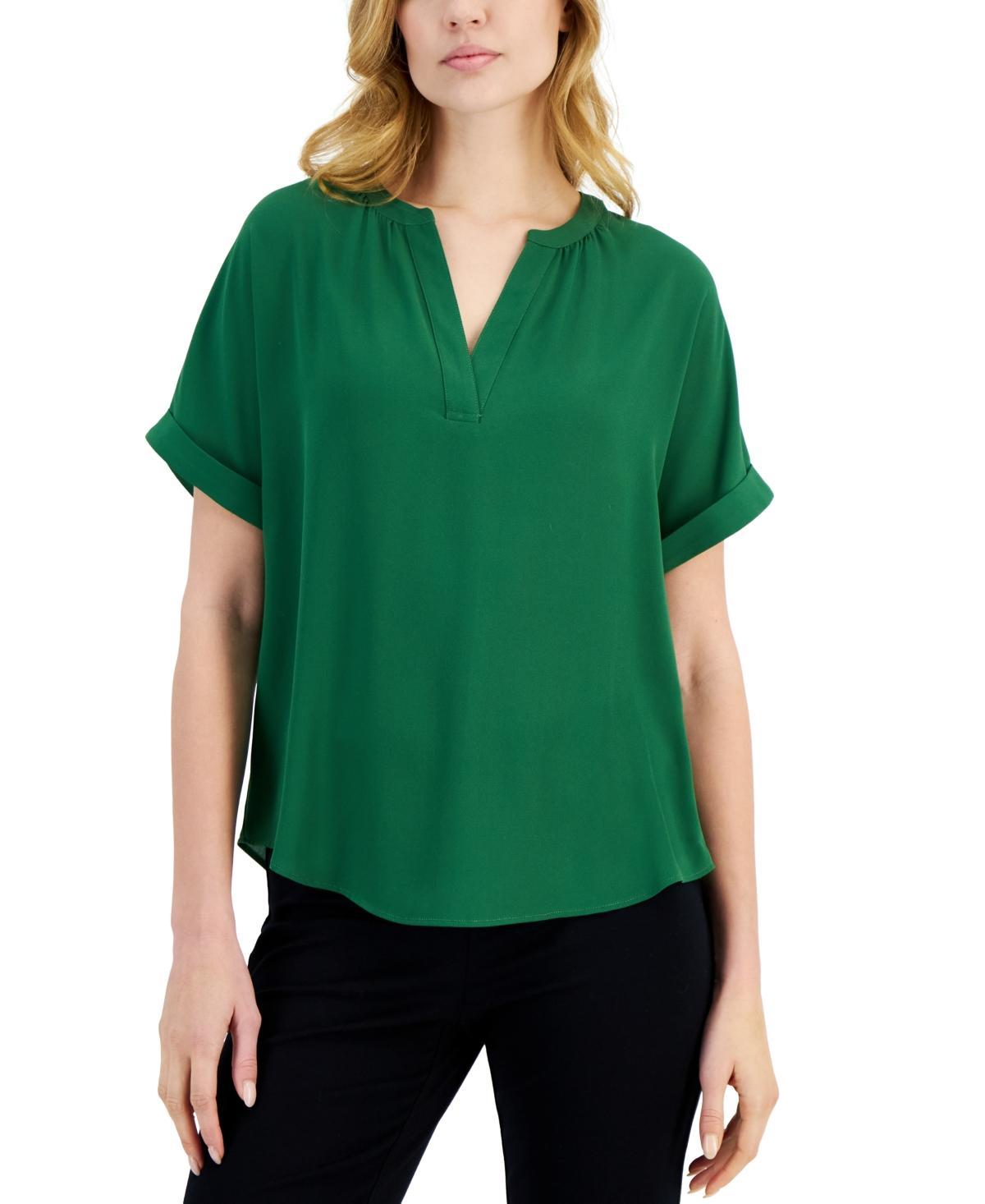 T Tahari Womens Split-Neck Rolled-Cuff Top Product Image