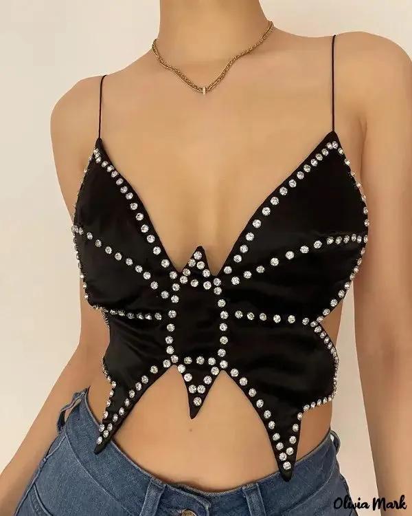 Olivia Mark – Rhinestone Butterfly Pattern Halterneck Crop Top Product Image